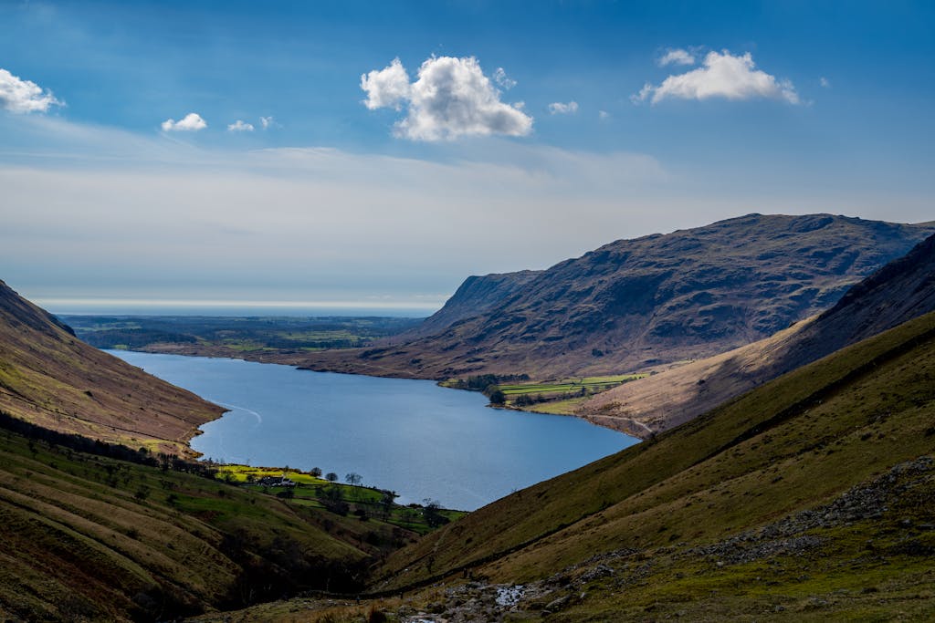 Panoramic view of Wast Water Lake and surrounding mountains in the Lake District, perfect for landscape lovers.