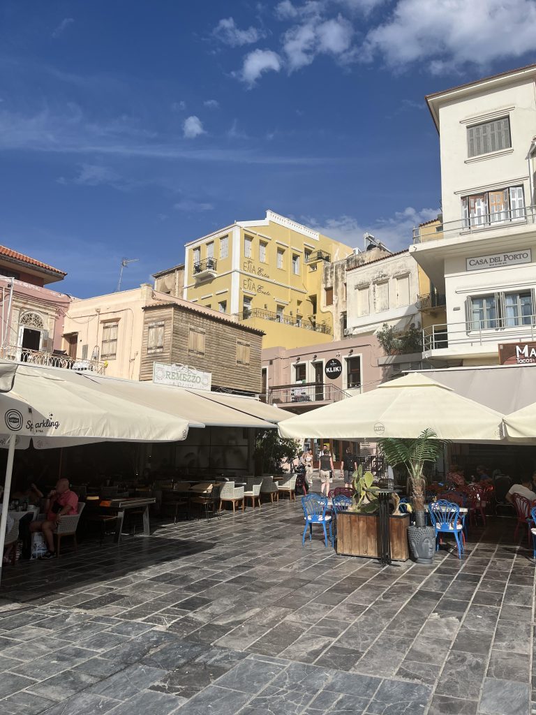 Tavernas and Cafes in Chania Old Town, Crete, Greece.