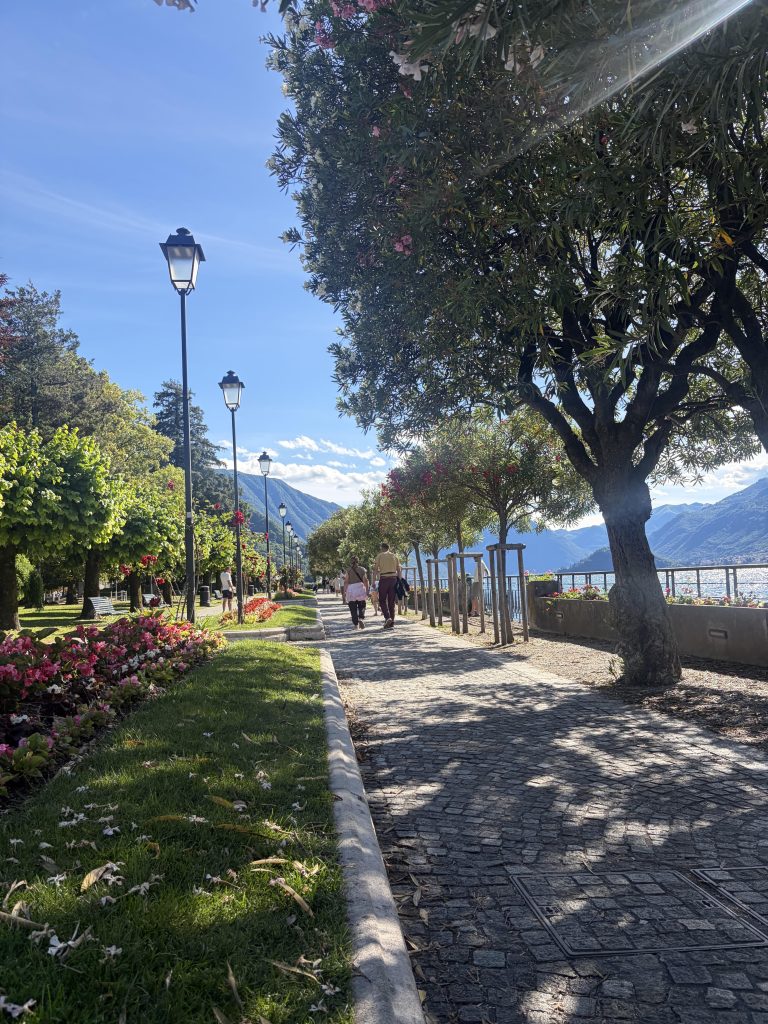 Tree-lined walkway in Bellagio, overlooking Lake Como, Italy.