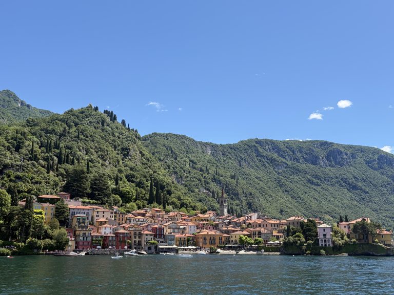View approaching the pastel-coloured villas of Verenna, Lake Como