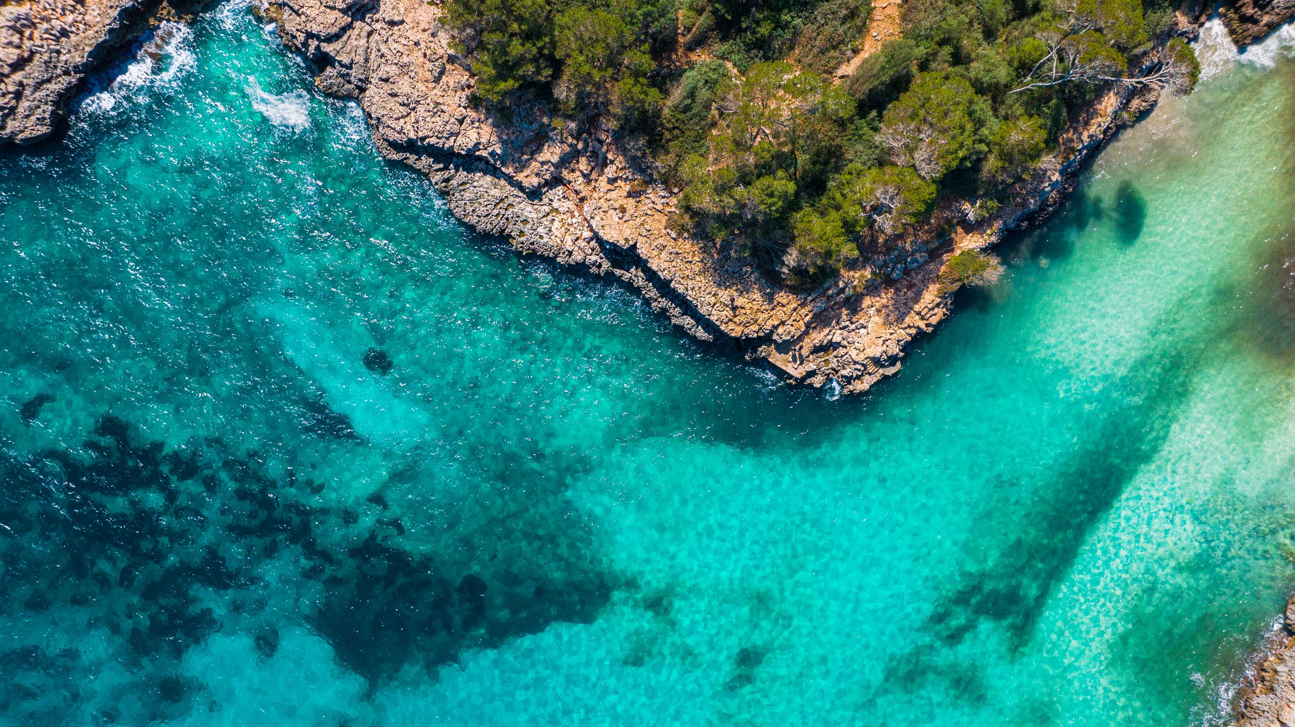 A breathtaking aerial shot of a turquoise cove in Mallorca, Spain with lush greenery and rocky cliffs.