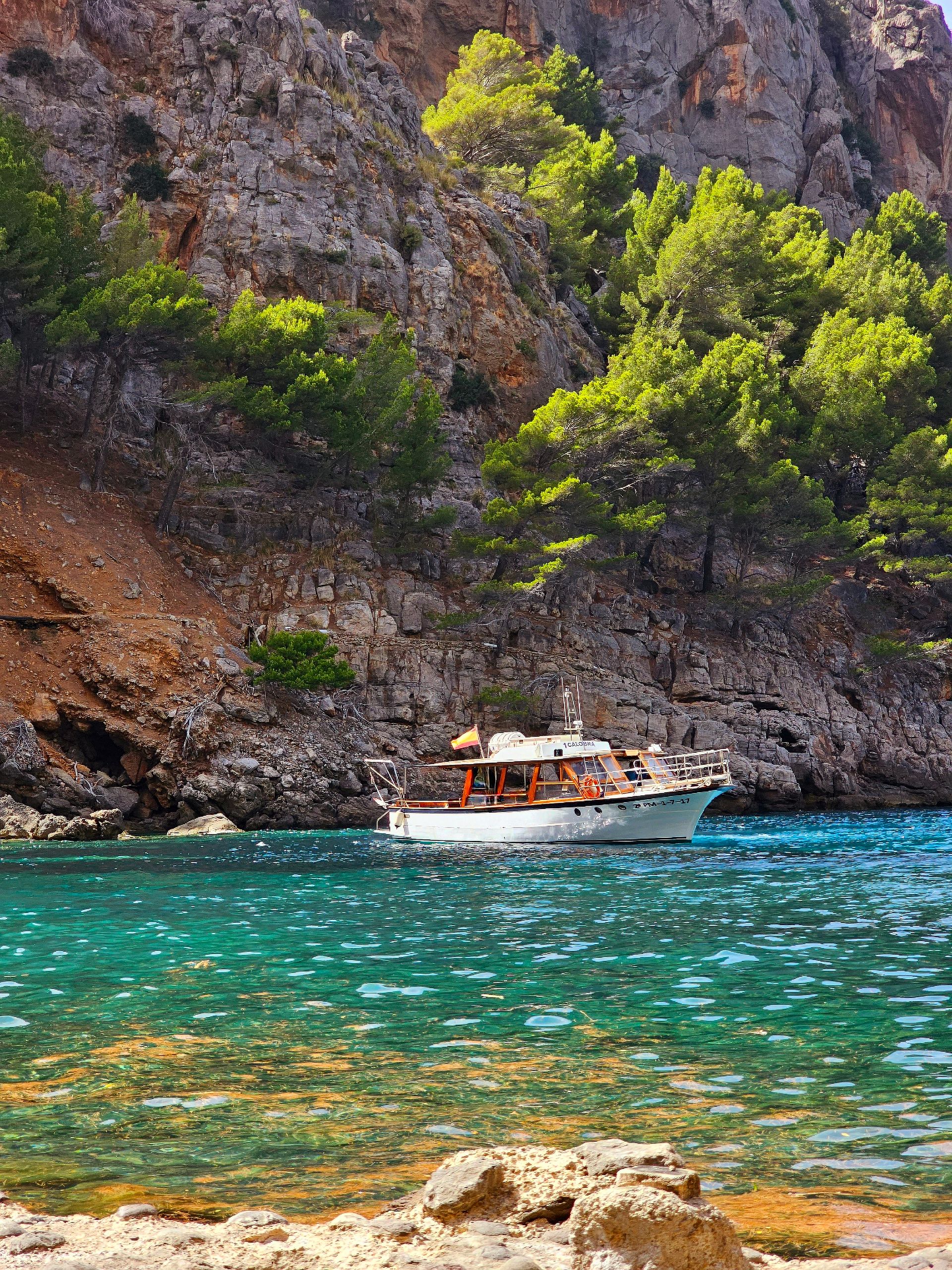 Tranquil boat scene in Palma, Spain, showcasing crystal clear water and lush greenery.